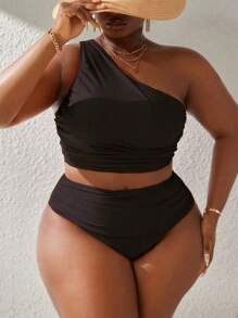 Slaydiva 大码女式纯色单肩无袖休闲分体泳衣套装，夏季海滩 - 黑色 - 查看 3