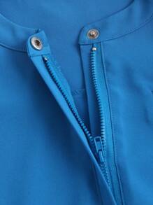 SHEIN Unity 女士藍色護士制服套裝，半拉鍊短袖上衣和長褲，醫用短袍套裝，啞光面 - 藍色 - 查看 3