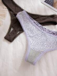 5 件装女士纯色豹纹性感丁字裤内裤 - 彩色 - 查看 3