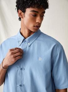 Manfinity VCAY Áo sơ mi dệt kim ngắn tay mùa hè dành cho nam có thêu chữ và nút chụp - Màu xanh lam - Xem 6