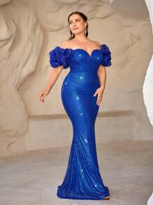 SHEIN Belle Plus Size Blue Sequin Spliced Organza Puff Sleeve Queen Anne Neckline Elegant Formal Evening Dress Prom Wedding Guest Gown, For Graduation, Dinner Party Dress - Blue - View 1