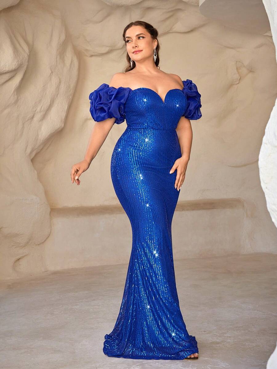 SHEIN Belle Plus Size Blue Sequin Spliced Organza Puff Sleeve Queen Anne Neckline Elegant Formal Evening Dress Prom Wedding Guest Gown, For Graduation, Dinner Party Dress - Blue - View 1