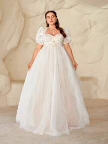 SHEIN Belle Váy cưới thanh lịch cỡ lớn với tay áo công chúa sang trọng yên tĩnh, đường viền cổ sâu, diềm xếp tầng phóng đại và viền chữ A duyên dáng - trắng - Xem 7