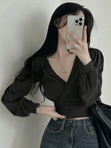 DAZY 女式春夏纯色重叠 V 领长袖短款上衣，秋季学院风上衣