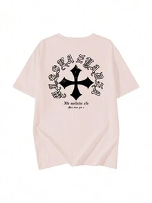 Women Summer Slogan & Cross Printed Oversized Crew Neck Short Sleeve Casual T-Shirt Pink - Pink - View 3