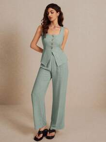 Poéselle Summer   Linen Suit Vest Two-Piece Set Ladies Fashionable Plain Button Contrast Color Sleeveless Top And Trousers Set Wear Comfortable Fabric Breathable Soft Suitable For Commuting Daily Holiday Wear - Mint Green - View 3