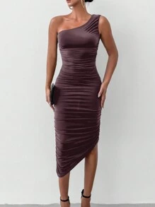 EURMUSE 女士單色簡約日常打摺不對稱領洋裝 - 酒紅色 - 查看 3