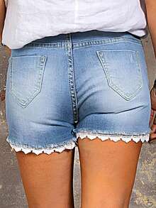 Casual Summer Lace Trim Distressed Denim Shorts - Blue - View 2