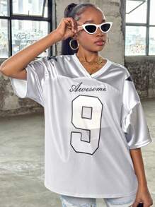 SHEIN Leap Crew Camiseta casual de manga corta con cuello en V para adolescente con ajuste cómodo y parche digital impreso en patchwork - Gris - Ver 3