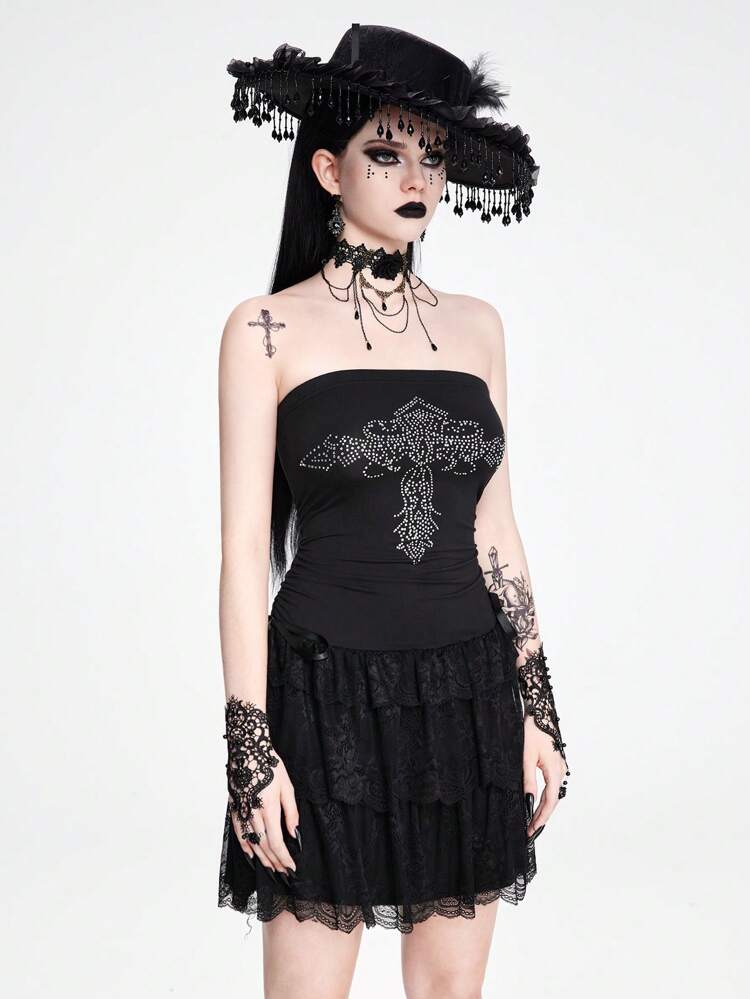 Women's Gothic Cross Rhinestone Ruched Strapless Top With Lace Ruffle Hem Dress, Summer