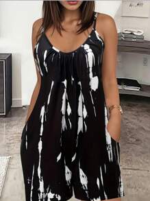 SHEIN LUNE Women's Vacation/Leisure Random Printed Spaghetti Strap Jumpsuit - Black - View 1