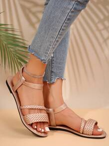 Sandal Tenun Ukuran Besar Gaya Eropa dan Amerika, Sandal Pantai Datar Wanita untuk Musim Panas, Perlengkapan Liburan Penting - Rose Gold - View 5