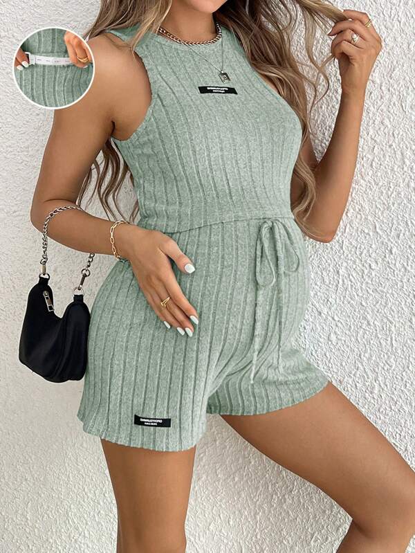 SHEIN Set casual de vară de maternitate din două piese, cu maiou fără mâneci și pantaloni scurți cu talie reglabilă