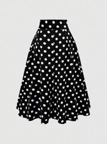 Franclia 大码波点印花优雅A字裙，腰部收褶设计，适合夏秋季穿着 - 黑與白 - 查看 2