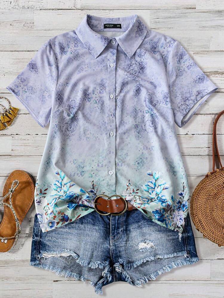 Plus Size Women's Summer Floral Printed Short Sleeve Casual Casual Shirt For Vacation