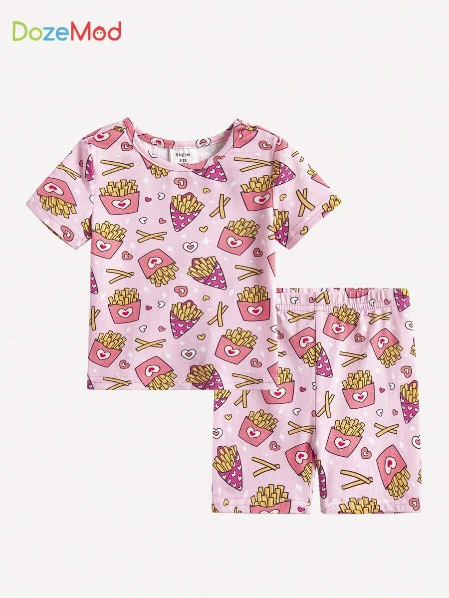 SHEIN Baby Girls' Cute Cartoon Fries & Burger Pattern Snug Fit Homewear Set - Pink - View 1