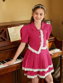 Conjunto elegante de dos piezas para niña preadolescente con blusa de encaje y falda estilo pastel - Rosa Fucsia - Ver 3