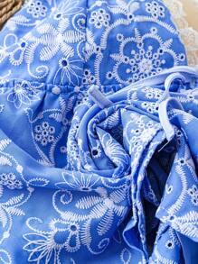 Soleia Women's Summer Romantic Countryside Style Embroidered Collar With White Flowers On Blue Background, Lace Patchwork, Front Bowknot, Strap, Open Back, Cross Design, Perfect For Afternoon Tea Party, Graduation Season