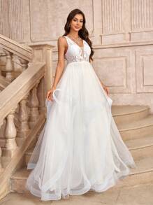 SHEIN Belle Elegant, Gorgeous And Sexy White Beaded Lace Oversized A-Hem With Long Train Suitable For Wedding Events Bachelor Party Holiday Prom Bride Wedding Dress - Beige - View 7