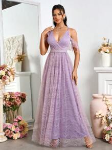 SHEIN Belle Vestido de cóctel sin mangas de encaje con borde de volantes y cuello redondo con diseño cruzado y panel transparente para mujeres (resistente) - Morado - Ver 5