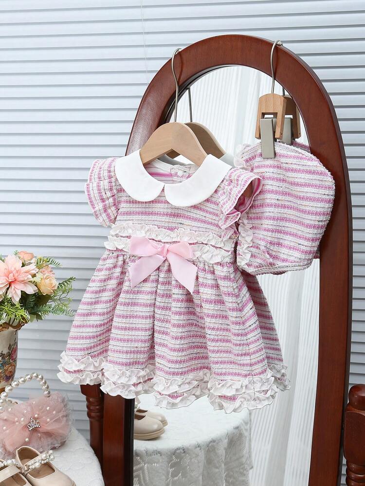 Baby Girl Striped Ruffle Trim Peter Pan Collar Dress With Hat, Cute