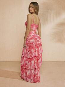 L'Amorae Women's Pink Printed Hollow Out Pleated Cami Dress, Summer