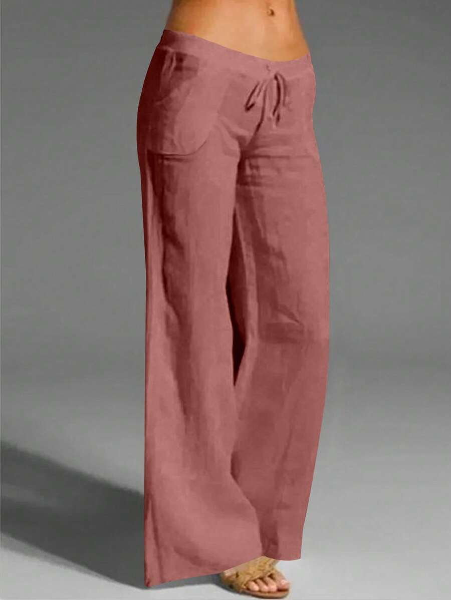 EMERY ROSE Women's White Linen Casual Pants With Pockets, Spring/Summer Fall Cloth For Women - Redwood - View 1