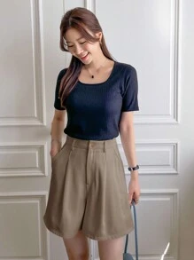 DAZY Quần short màu trơn đơn giản hàng ngày dành cho nữ - Màu Khaki - Xem 3