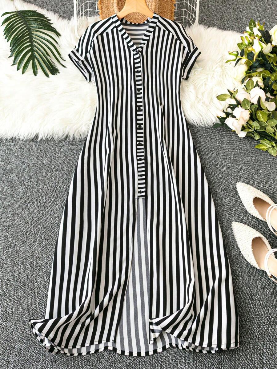 Omancia Đầm Maxi xẻ tà cao sọc cho nữ - Đen và trắng - Xem 1