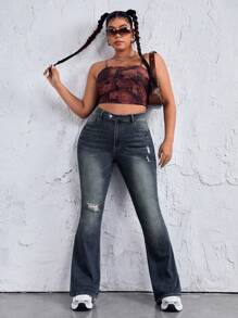 SHEIN EZwear Quần jean ống loe cỡ lớn thông thường với thiết kế đau khổ và giặt sạch - Màu xanh lam - Xem 4
