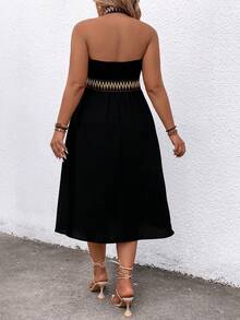Celure Plus Size Kỳ nghỉ dành cho nữ Dây cổ sọc dệt Thắt lưng xẻ tà viền váy - màu đen - Xem 2