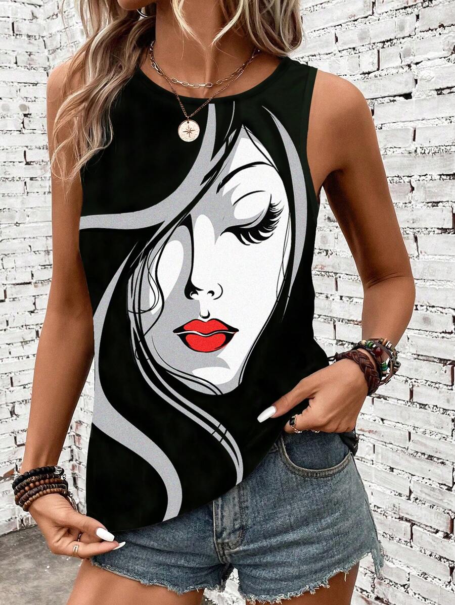 EMERY ROSE Summer Abstract Face Printed Round Neck Tank Top,Casual - White - View 1