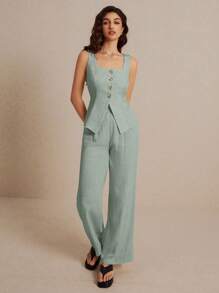 Poéselle Summer   Linen Suit Vest Two-Piece Set Ladies Fashionable Plain Button Contrast Color Sleeveless Top And Trousers Set Wear Comfortable Fabric Breathable Soft Suitable For Commuting Daily Holiday Wear - Mint Green - View 5