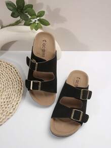 Women's Simple Summer Open Back Comfortable Vacation Buckle Flat Black Mule Sandals,Beach Outfits - Black - View 5