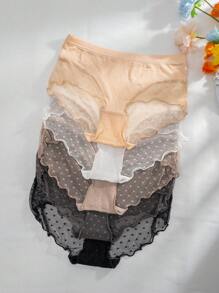 5pcs Patchwork Heart-Shaped Jacquard Mesh Hipster Panties