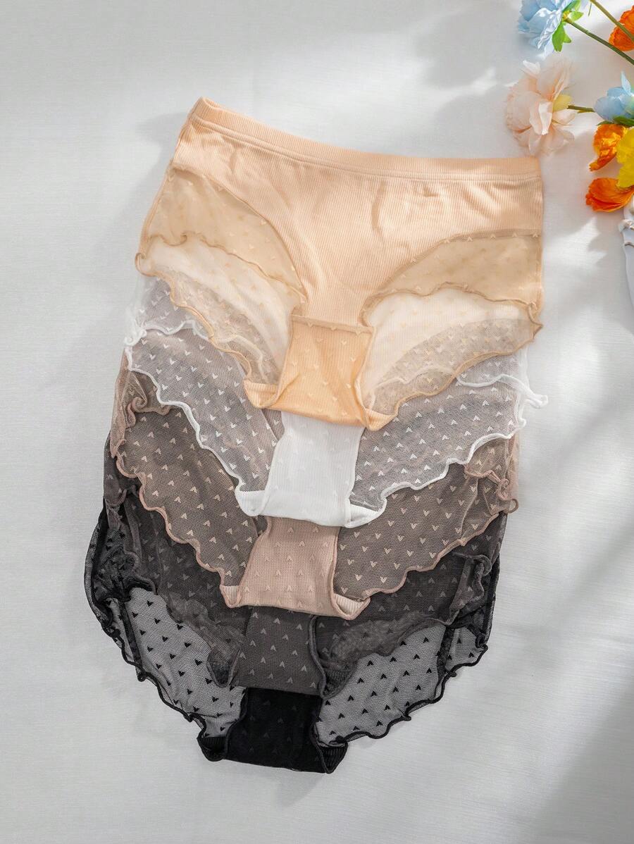 5pcs Patchwork Heart-Shaped Jacquard Mesh Hipster Panties
