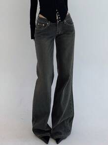 DAZY 女士时尚喇叭牛仔裤，带口袋，休闲纽扣、口袋、拉链低腰直筒长款深色水洗棉质宽松修身牛仔裤，适合春秋季日常休闲穿着，低腰牛仔裤 - 深色水洗藍 - 查看 6