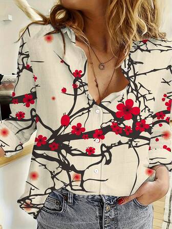 Camisa de manga larga con cuello de solapa, estampado de moda para mujeres, ajuste cómodo y amigable con la piel