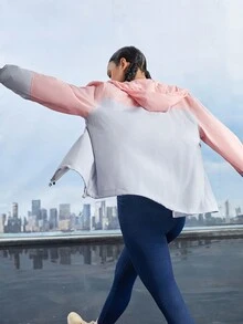 Gameset SHEIN Sport Jaqueta com capuz e cordão para proteção solar feminina, com blocos de cores para o verão - Rosa chiclete - Visão 2