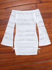 SHEIN Vestido de punto de jacquard marfil con hombros descubiertos y dobladillo fruncido para chica adolescente