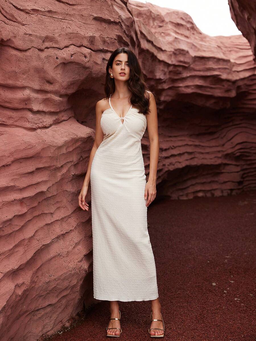 GENKIRA Vacation-Style Net Color Spaghetti Strap Beaded Rope Dress - Apricot - View 1