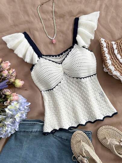 Soleia Holiday Leisure Color Block Knitted Sleeveless Top With Ruffle Trim,Going Out Top