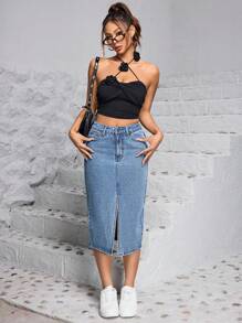 SHEIN PETITE Falda de mezclilla informal con raja frontal para el verano