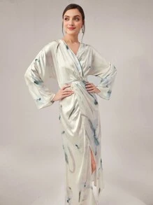 Modelyn Đầm dài cổ chữ V nhuộm màu in họa tiết viền dài phong cách Ả Rập có tay áo dài thanh lịch dành cho nữ - Màu xanh Cadet - Xem 5