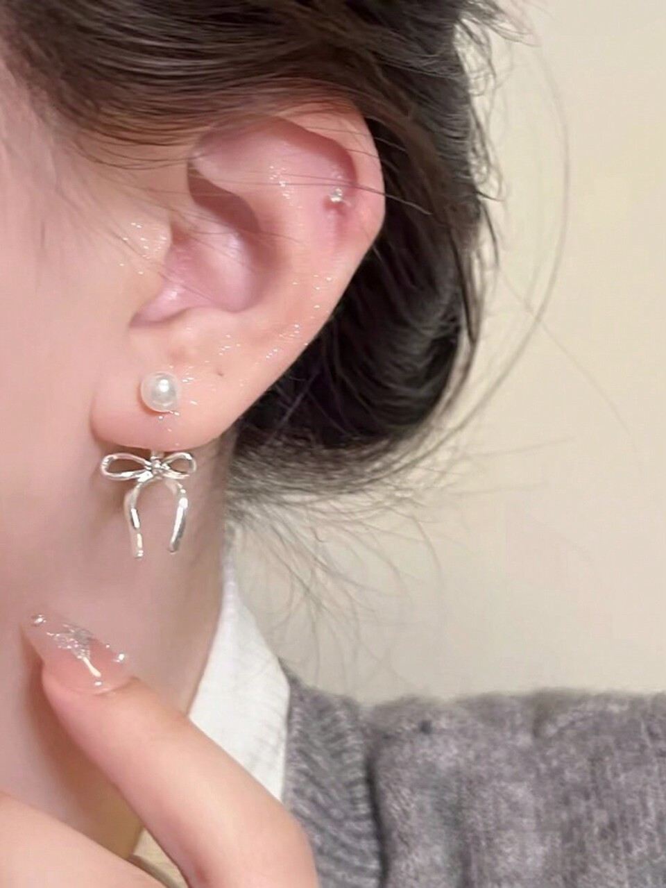 Women's Bowknot Decoration Faux Pearl Ear Studs Valentines,Mom,Mother,Mother's Day,Gift