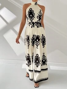 Firerie Mono de pierna ancha con estilo vacacional para mujer con impresión en toda la pieza, cuello halter y bolsillos inclinados para el verano