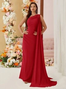 Aureia Solid Color Elegant Asymmetric Neckline Chiffon Bridesmaid Dress With Draped, Wedding Guest Dress Party Dress Formal Dress Evening Dress,Gown - Red - View 6