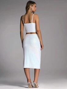 Forever 21 Women's Summer Fashion Glittery Split Hem Cami Dress Two-Piece Set - White - View 2