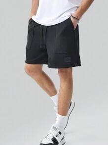 Manfinity Homme Men's Simple Solid Color Wide Pocket Loose Short Going Out Plain Letter Patched Sweat Shorts, For Husband, Boyfriend Gifts