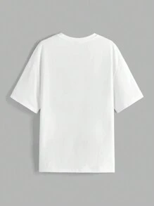 SHEIN EZwear Camiseta de cuello redondo de manga corta blanca con estampado de vaquera azul sobredimensionada, diseño de chica del oeste, corte holgado para mujer, festival de música de verano - Blanco - Ver 2